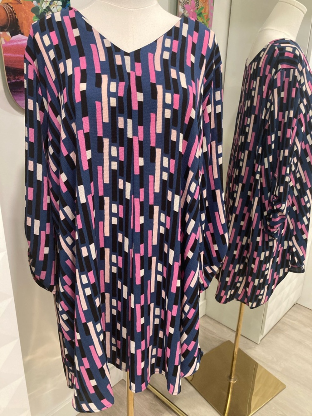 bobeau Navy Geometric Tunic with Pink and White Blocks